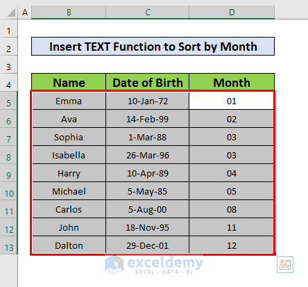 Insert TEXT Function to Sort by Month in Excel