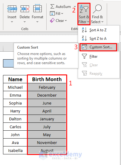 Perform Custom Sort Options to Sort by Month in Excel