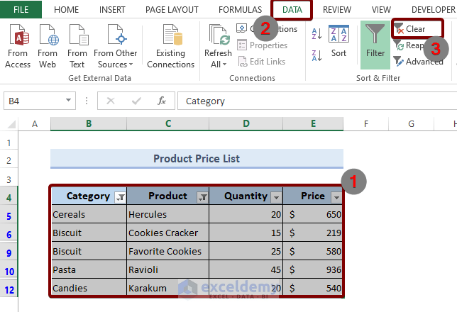 Clear Filter from Multiple Columns in Excel
