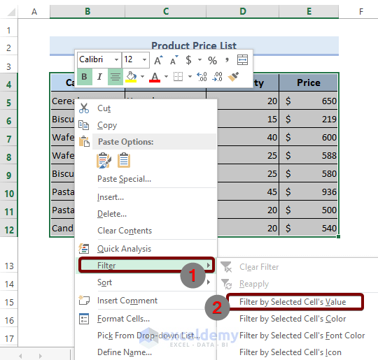 Right-click to Add Filter in Excel