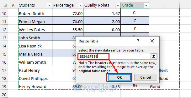 Selecting New Range for Excel Table to Resize It with Added Rows & Columns