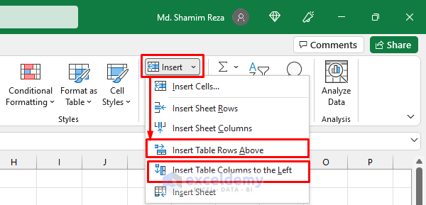Using the Insert Tool to Add Rows & Columns to Excel Table