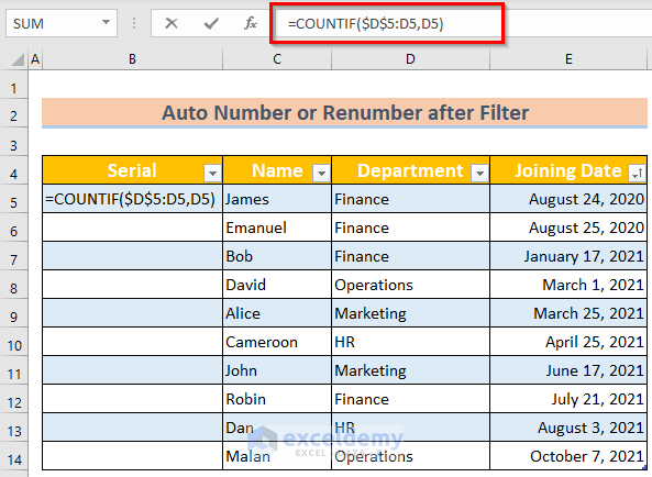 how to auto number or renumber after filter in excel