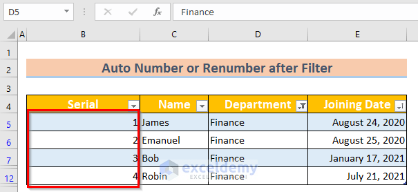 how to auto number or renumber after filter in excel