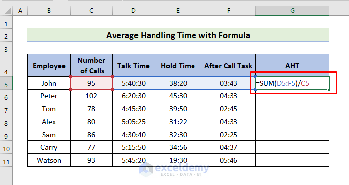 Calculate Average Handling Time with Formula in Excel