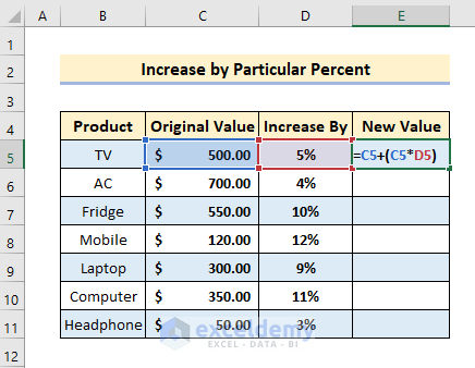 Increase a Value by a Particular Percentage in Excel