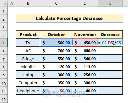 Compute Percentage Decrease in Excel