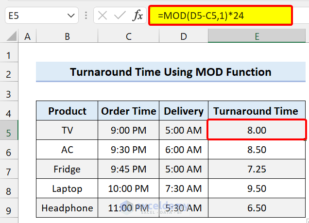MOD Function to Calculate Turnaround Time in Excel