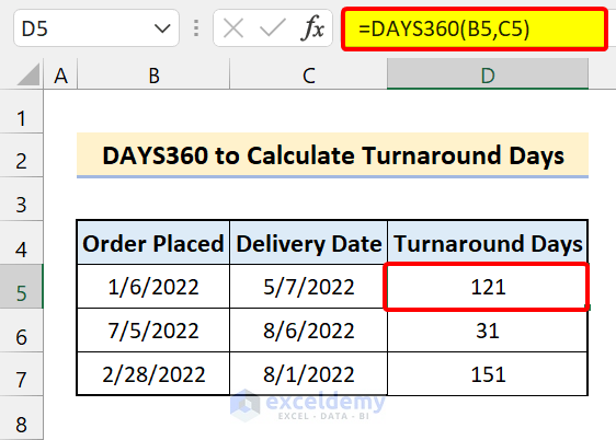 DAYS360 Function to Calculate Turnaround Time in excel