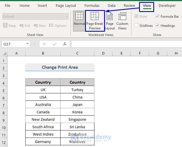 Change Print Area from Page Break Preview in Excel Worksheet