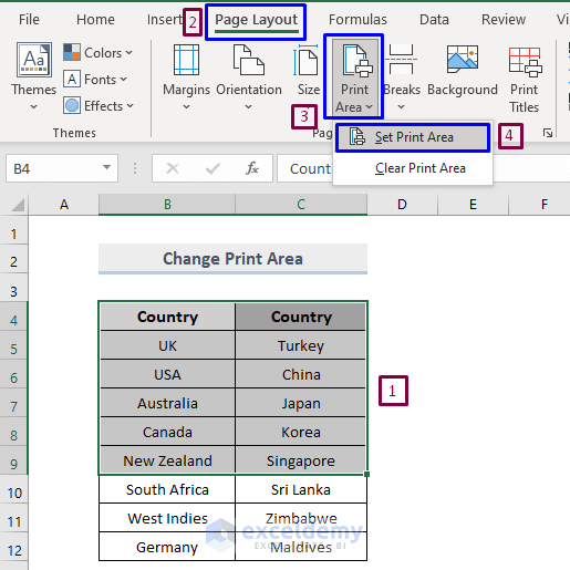 Setting Up a New Print Area in Excel Sheet to change print area
