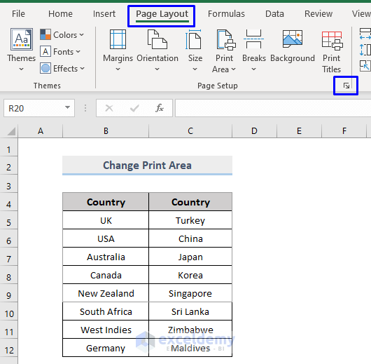 Change Excel Print Area with Page Setup Dialogue Box