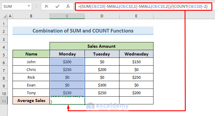 Combination of Excel SUM and COUNT Functions to Exclude Cells