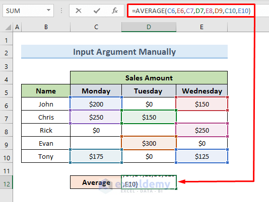 Input Argument Manually to Exclude a Cell in Excel AVERAGE Formula
