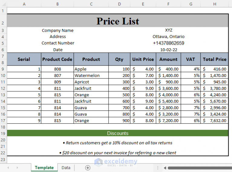business plan price list template