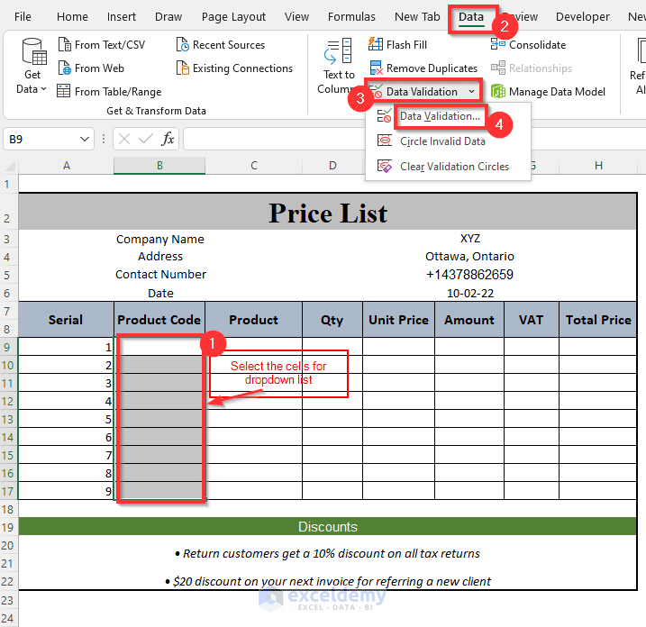 how to make a price list in Excel