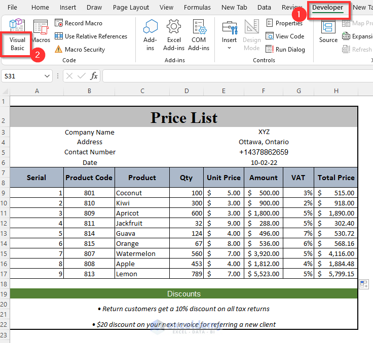 how to make a price list in Excel