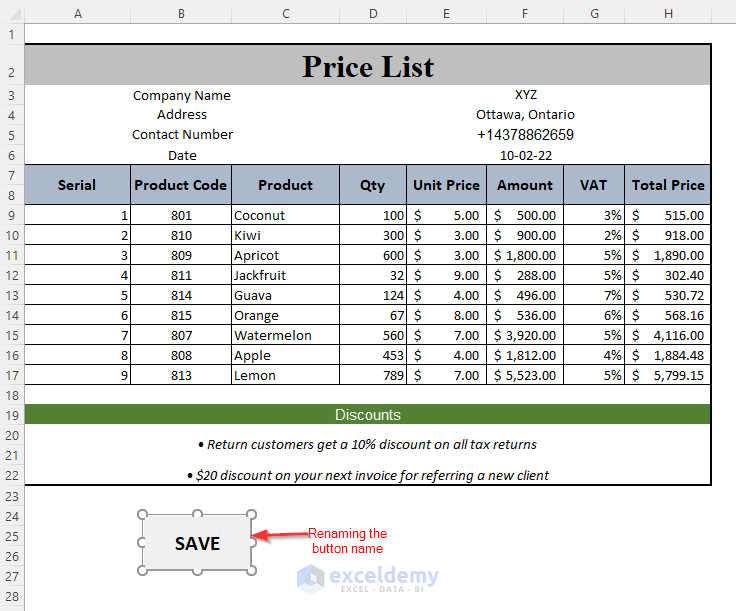 how to make a price list in Excel