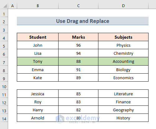 Move Rows Up in Excel Using Drag and Replace