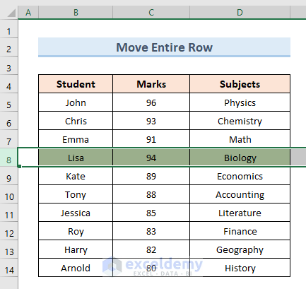 Move a Single Entire Row in Excel