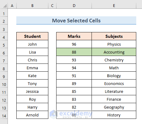 Move Selected Cells of a Row