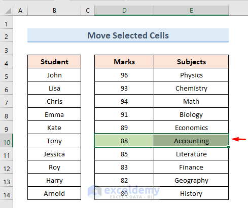 Move Selected Cells of a Row