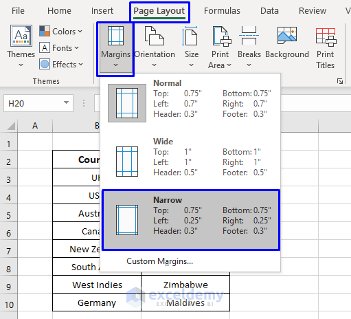 Change the Page Margins to Print Excel sheet on One Page