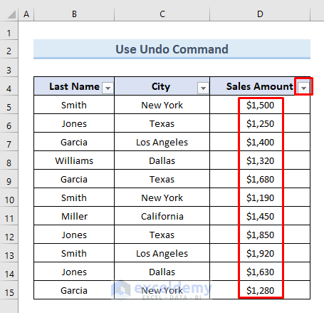 Use Conventional Undo Command to Remove Sort in Excel