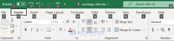 Use of Keyboard Shortcut to Unmerge Cells in Excel