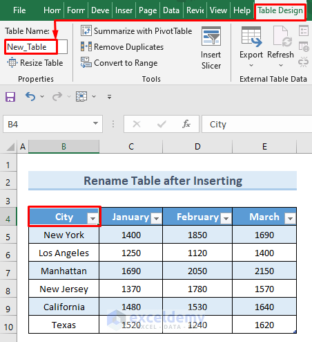 Rename after Inserting Table in Excel