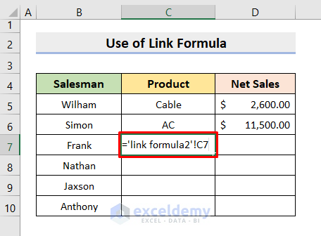 Create a Link Formula in Excel to Link Sheets