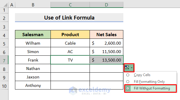 Create a Link Formula in Excel to Link Sheets