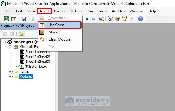 Inserting UserForm to Develop Macro to Concatenate Multiple Columns in Excel VBA