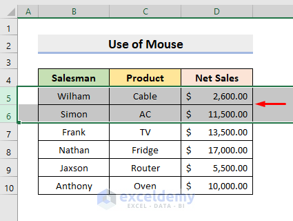 Using Mouse to Move Rows in Excel