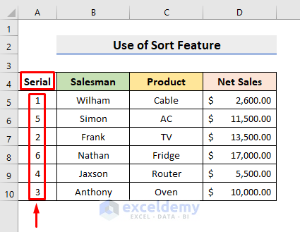 Excel Sort Feature to Reorder Rows