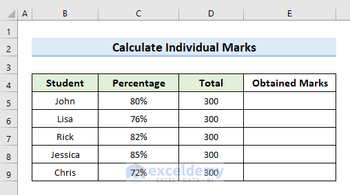 Evaluate Individual Marks by Total and Percentage