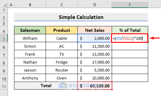 Apply Percentage Formula Manually in Multiple Cells in Excel