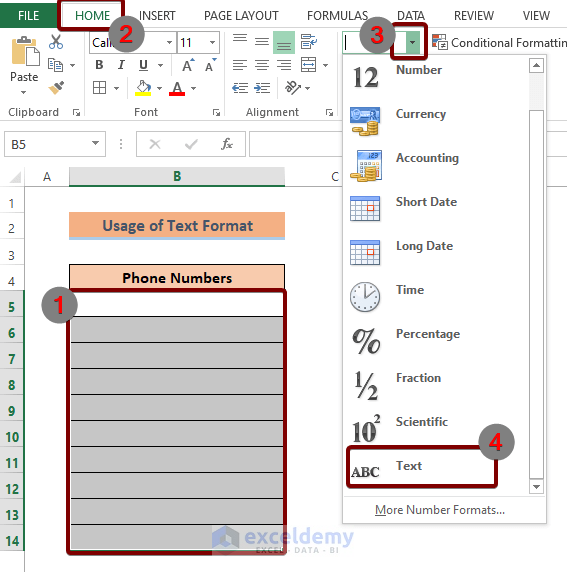 Apply Text Format to Retain 0 Before a Phone Number in Excel