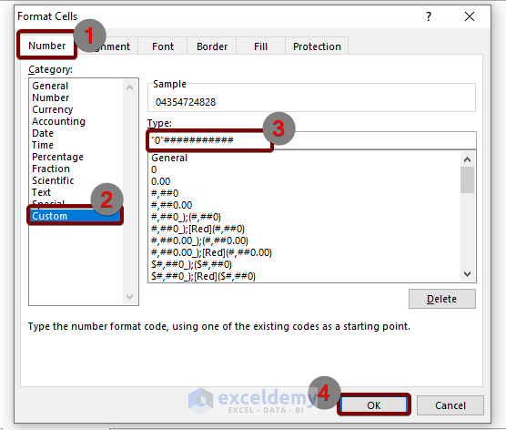 Apply Custom Format to Keep the Preceding Zero in a Phone Number in Excel