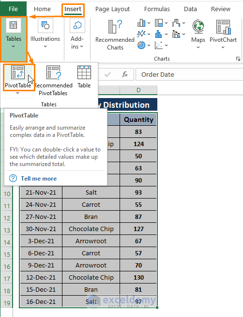 Pivot table insertion-Relative Frequency Distribution Excel