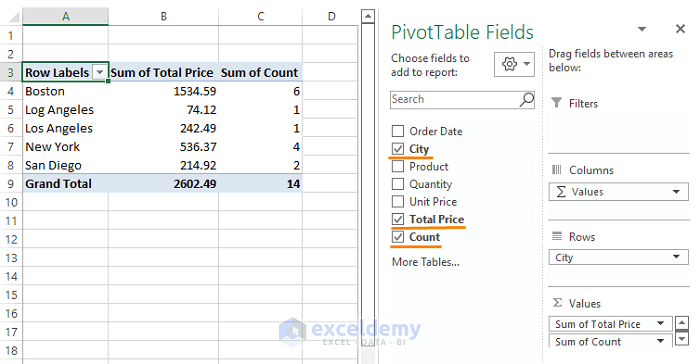 Adding fields in Pivot Table