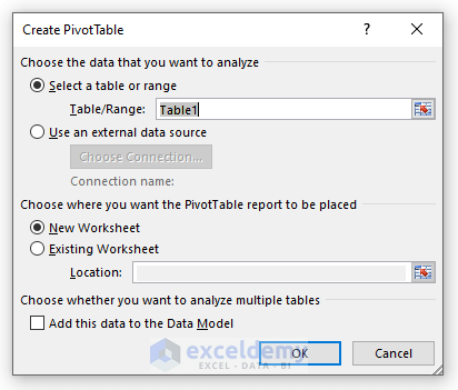 Create Pivot Table dialog box: pivot table calculated field count