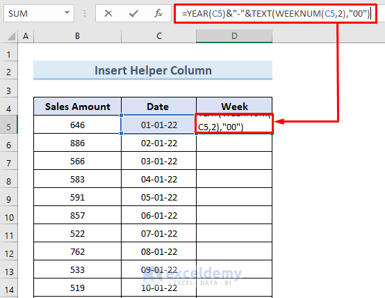 Insert a Helper Column to Group Pivot Table by Week