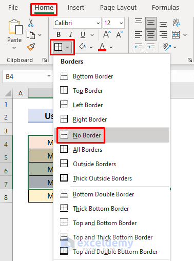 Use Excel Borders Drop-Down to Remove Borders