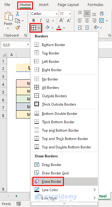 Apply Erase Border Tool for Removing Borders in Excel