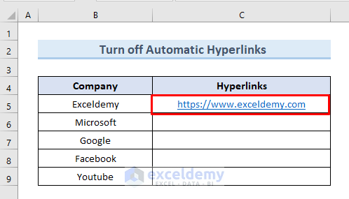 Use Excel Settings to Turn off Automatic Hyperlinks