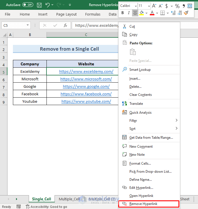 Remove a Single Cell’s Hyperlink from Excel