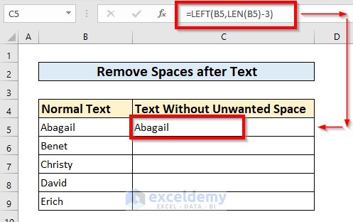 Remove Space after Text in Excel
