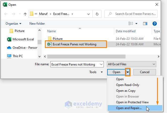 open and repair-Excel Freeze Panes not Working
