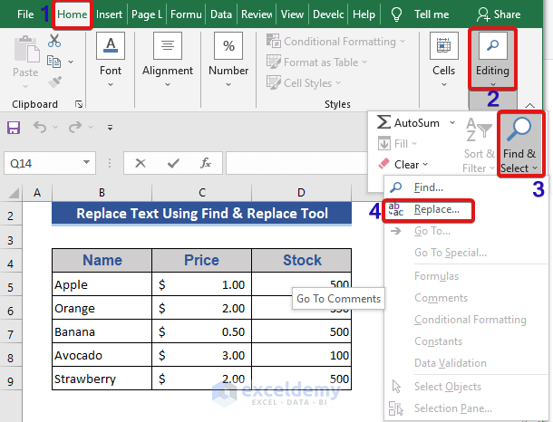 Replace Any Text by Find and Replace Tool in Excel